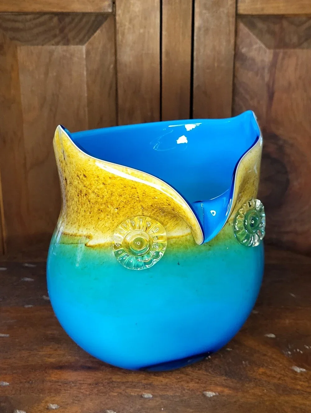 Blue and Green Glass Owl Vase